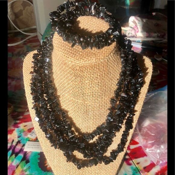 Black agate 5 strand necklace & matching bracelet - Picture 2 of 6